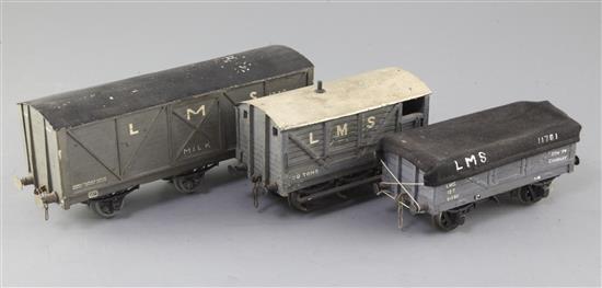 An LMS 6 wheel box van, no.1240, an LMS 6 wheel guards van 20T, no.70921 and an LMS covered wagon